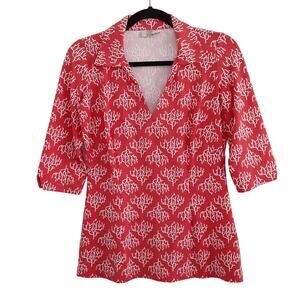 Katherine Way Womens XS Golf Polo Shirt Coral Print V Neck Half Sleeve Summer